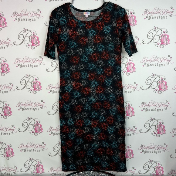 LuLaRoe Dresses & Skirts - LuLaRoe dress roses pattern flowers Black Dress with Red Blue Floral Pattern